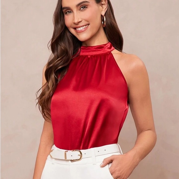 Elegant Red Halter Top Solid Neck Ruched Satin Blouse BRAND NEW NEVER WORN - Picture 3 of 10